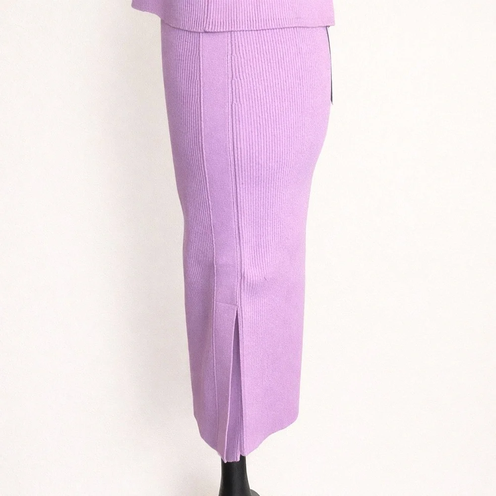 GSTQ Lilac Ribbed Knit Skirt Set Quiet Luxury NWT M/L